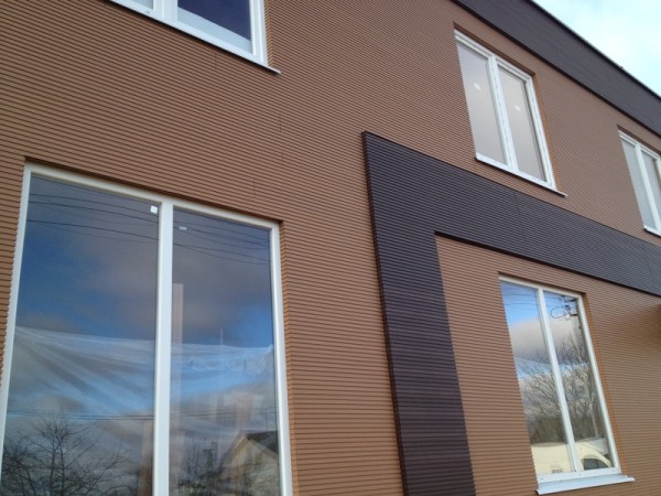 Frente a la fachada con paneles de madera sobre una base de polímero.
