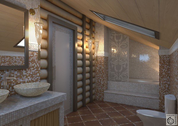 Log home: wood and mosaic in the bathroom