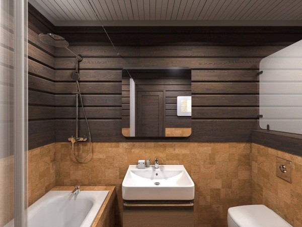 Łazienka w drewnianym domu: przyciemniane drewno i płytki korkowe