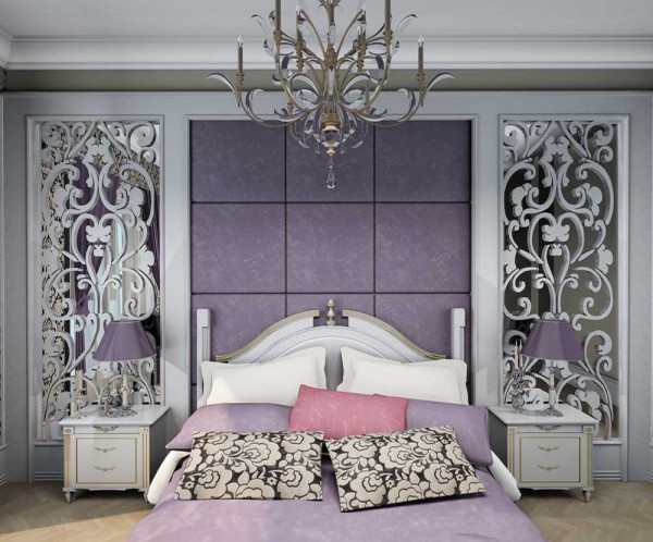 La photo montre une chambre classique en blanc lilas