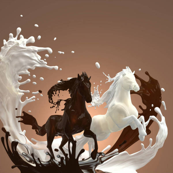 Dessin de l'auteur représentant deux chevaux stylisés de couleurs contrastées