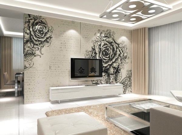 Papier peint photo en noir et blanc avec des roses, à l'intérieur du salon