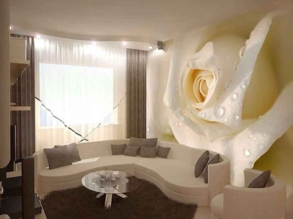 Papier peint rose blanche avec effet 3D, à l'intérieur du salon
