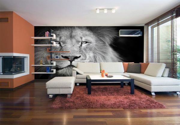 Papiers peints avec image en noir et blanc d'un lion en noir et blanc, avec des accents orange, intérieur