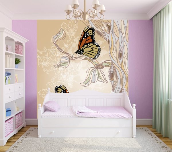 Papier peint photo avec papillons peints, à l'intérieur d'une chambre d'enfant