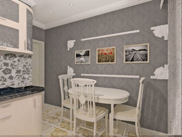 Papier peint gris et mobilier blanc à l'intérieur de la cuisine