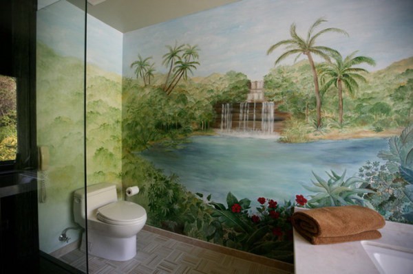 Image aquarelle dans le papier peint photo intérieur avec de la verdure et une cascade