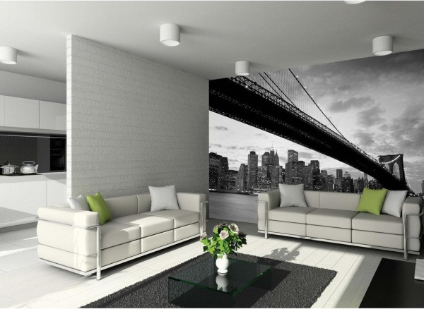 Peintures murales en noir et blanc avec l'image du pont de Brooklyn à l'intérieur du salon