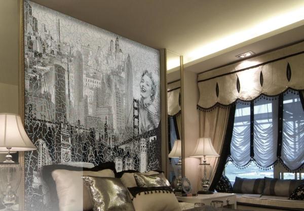 Fresque murale avec une image spectaculaire en noir et blanc à l'intérieur de la chambre