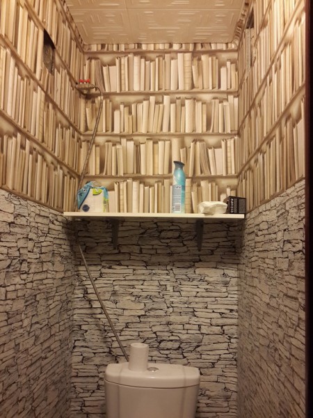 Papier peint avec imitation de maçonnerie et étagères à livres à l'intérieur des toilettes