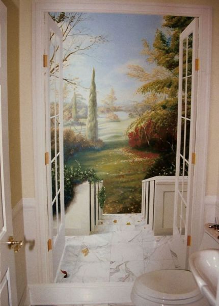Papier peint avec l'image de l'accès à la terrasse et au jardin d'automne, à l'intérieur des toilettes