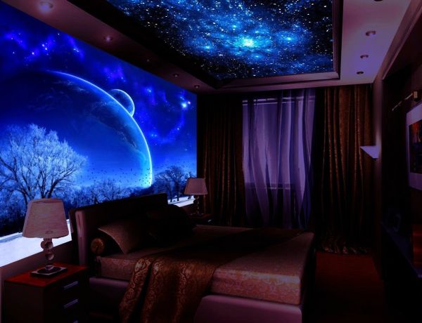 Papier peint photo fluorescent 3D avec un motif d'espace à l'intérieur de la chambre