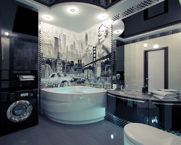 Papiers peints avec image urbaine en noir et blanc à l'intérieur d'une salle de bain moderne