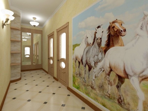 Papiers peints avec l'image de chevaux qui courent. Un beau dessin thématique qui s'intègre parfaitement à l'intérieur d'un grand hall d'entrée