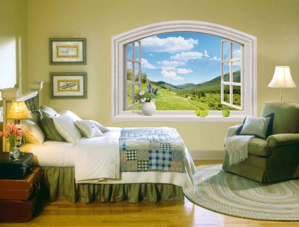 جدارية جدارية تصور نوافذ كاذبة في غرفة نوم ريفية داخلية
