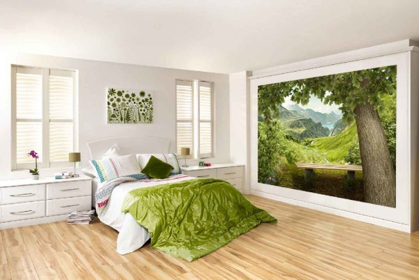 Le papier peint avec l'image de parcelles naturelles conviendra à n'importe quel intérieur de chambre à coucher