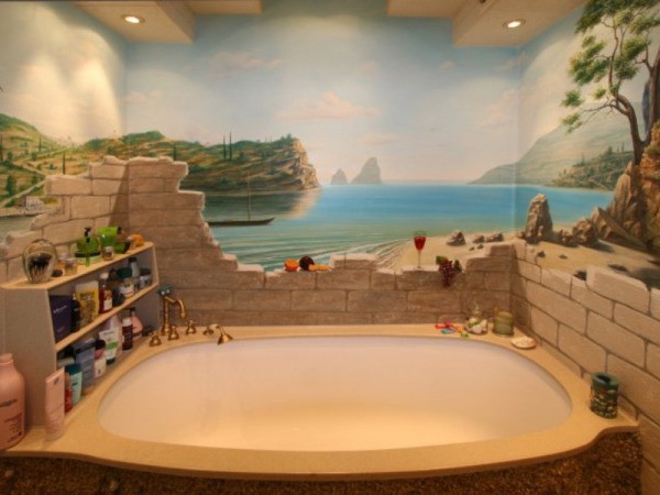 Fond d'écran de texture avec une image du paysage de la mer à l'intérieur de la salle de bain