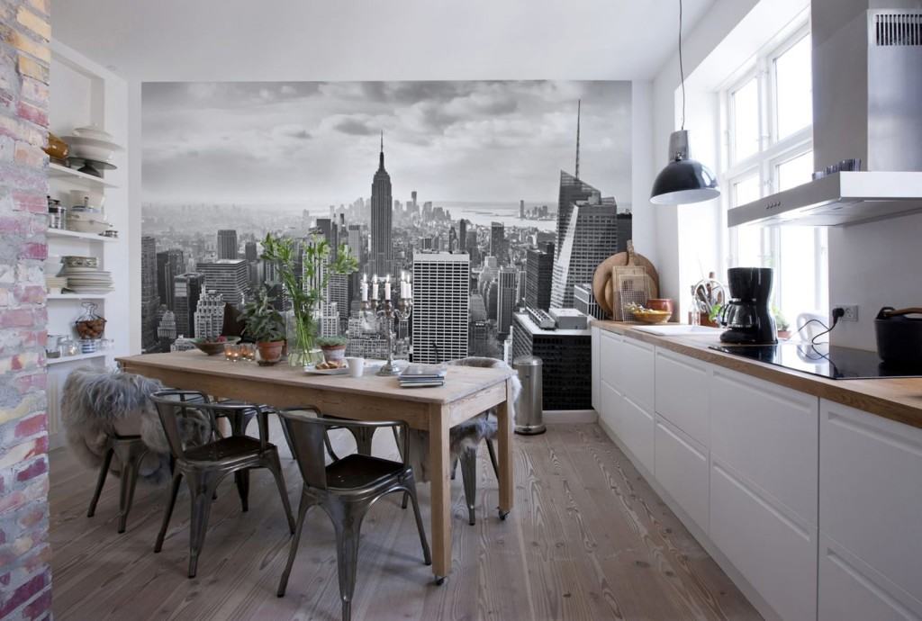 Sur la photo, des peintures murales avec vue panoramique sur la ville moderne, à l'intérieur de la cuisine dans le style loft