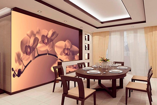 Photo murale avec l'image de brindilles de sakura à l'intérieur japonais de la salle à manger-cuisine