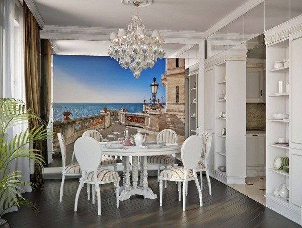 Papiers peints représentant une vue de la terrasse sur la mer sans fin, à l'intérieur d'une cuisine classique