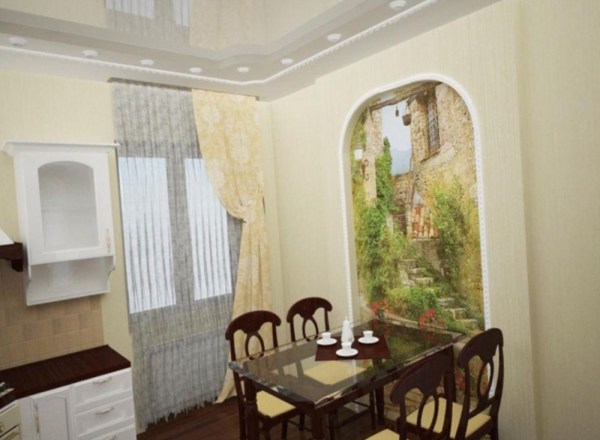 Papiers peints avec l'image de la sortie dans les rues de la vieille ville, à l'intérieur d'une cuisine classique