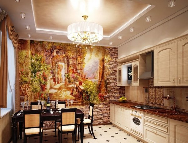 Murale de texture sous forme de peintures murales et de maçonnerie d'imitation à l'intérieur d'une cuisine classique
