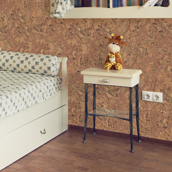 W sypialni lub pokoju dziecinnym ściany z korka wyglądają nie mniej oryginalnie