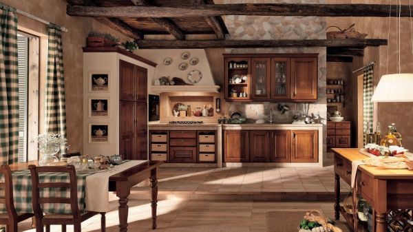 تظهر الصور مثالًا على مطبخ على طراز الشاليه ، مع جدران مزينة بورق حائط طبيعي ، مع التأكيد على الأثاث بشكل إيجابي