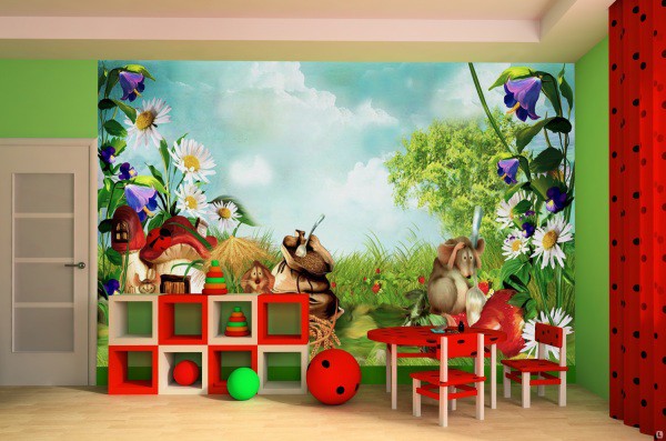 Les peintures murales pour la maternelle sont sélectionnées, bien qu'avec des images pour enfants, mais plus neutres, comme la nature, les animaux et un conte de fées, voir la photo pour un exemple