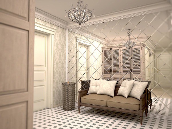 Príklad zdobenia steny v chodbe zrkadlovými dlaždicami, čo vizuálne zväčšuje miestnosť