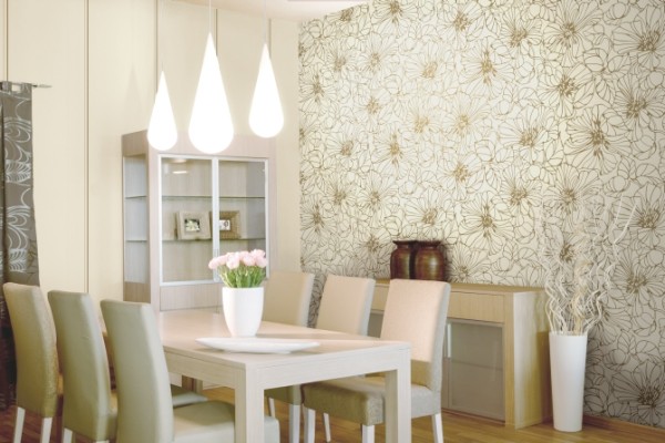 Os papéis de parede de vinil são adequados para praticamente qualquer ambiente. Na foto, vemos a decoração das paredes na sala de jantar branca como a neve