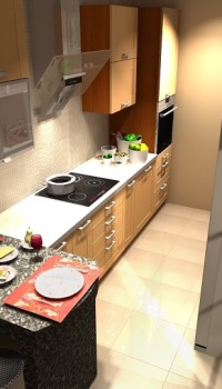 Vaskbart tapet med imiterede fliser hjælper med at spare de nødvendige centimeter i et lille køkken