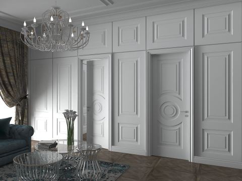 ألواح الجدران الخشبية الكلاسيكية على الجدران ، مصنوعة بنفس الطراز مع الأبواب