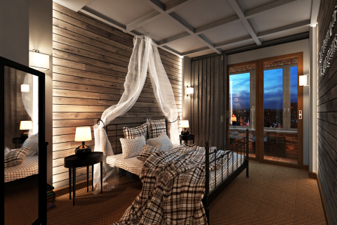 Bedroom with wood paneling