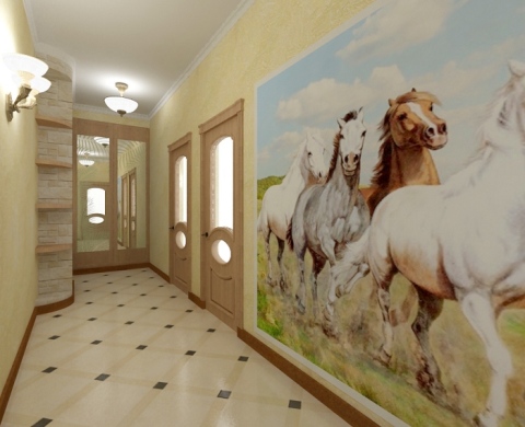 Una habitación larga se puede modificar utilizando diferentes fondos de pantalla para el pasillo y el pasillo.