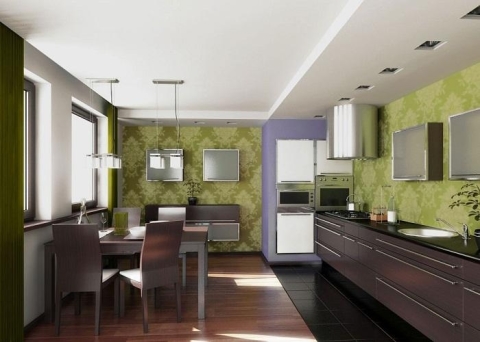 Kertas dinding untuk dapur warna hijau dalam kombinasi dengan masakan coklat