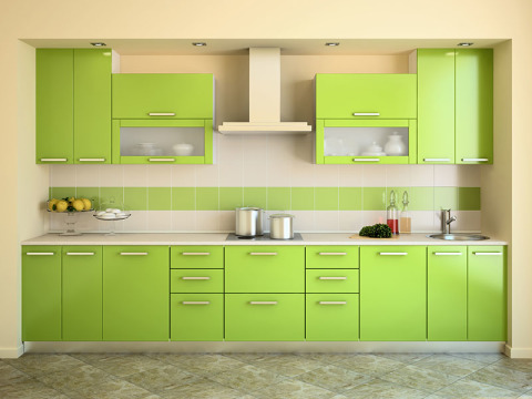 Reka bentuk dalaman yang tenang dengan dapur hijau muda