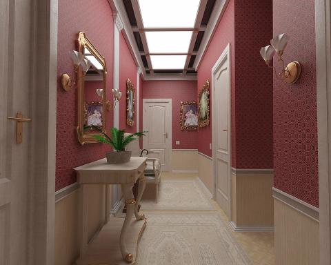 Couloir avec décoration combinée: papier peint et panneaux de bois classiques