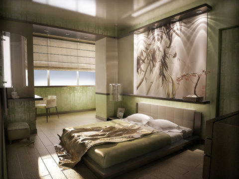 Bedroom in olive tones.