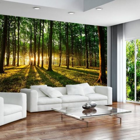 L'atmosphère de chaleur et de confort est obtenue grâce au parquet en bois naturel et au paysage naturel sur le papier peint photo