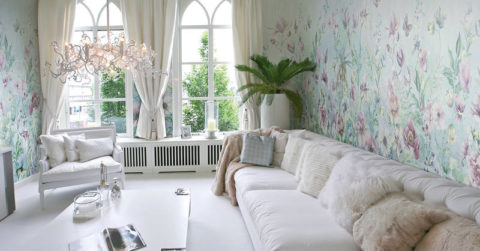 جدارية جدارية بزخرفة نباتية في غرفة المعيشة