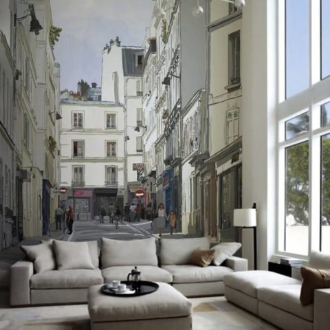 Paysage urbain sur le papier peint photo dans le salon