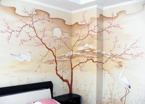 Рисунка в японски стил в спалнята